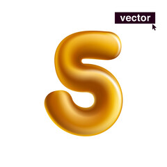 Number 5. Metallic golden five sign. Realistic 3D design in cartoon fun style on white background.