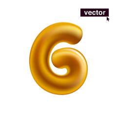 Number 6. Metallic golden six sign. Realistic 3D design in cartoon fun style on white background.