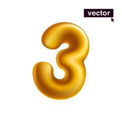 Naklejka premium Number 3. Metallic golden three sign. Realistic 3D design in cartoon fun style on white background.