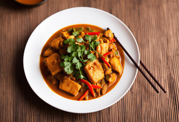 Authentic taste: dragon fish curry and bamboo shoots in a ceramic plate.
