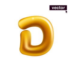 Letter D logo. Metallic golden ballon icon. Realistic 3D luxury design in fun style with glossy shine effects.