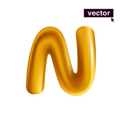 Letter N logo. Metallic golden ballon icon. Realistic 3D luxury design in fun style with glossy shine effects.