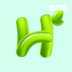 Letter H eco logo with green leaves. 3D realistic and cartoon balloon style. Glossy vector illustration.