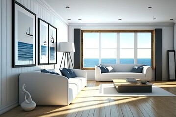Fototapeta na wymiar a picture of a contemporary living room with a sea view, with white walls and a hardwood floor. Generative AI