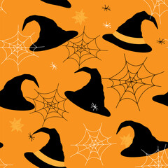 Halloween pattern with web, stars and witch hat - 586512371
