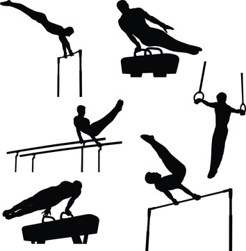 set athletes gymnastics black silhouette exercise pommel horse, still rings, parallel bars, horizontal bar, sports vector illustration, world championship