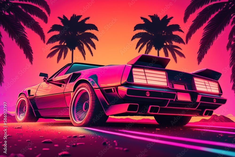 Poster abstraction of a car at sunset with palm trees by the road in pink tones.futuristic innovative car. 