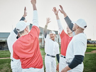 Hands up, motivation or sports people in huddle with support, hope or faith on baseball field in...