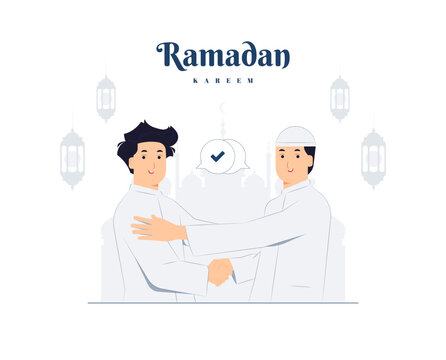 Happy two Young Muslim men celebrate victory day, Eid Al Fitr with shaking hand and smile each other concept illustration