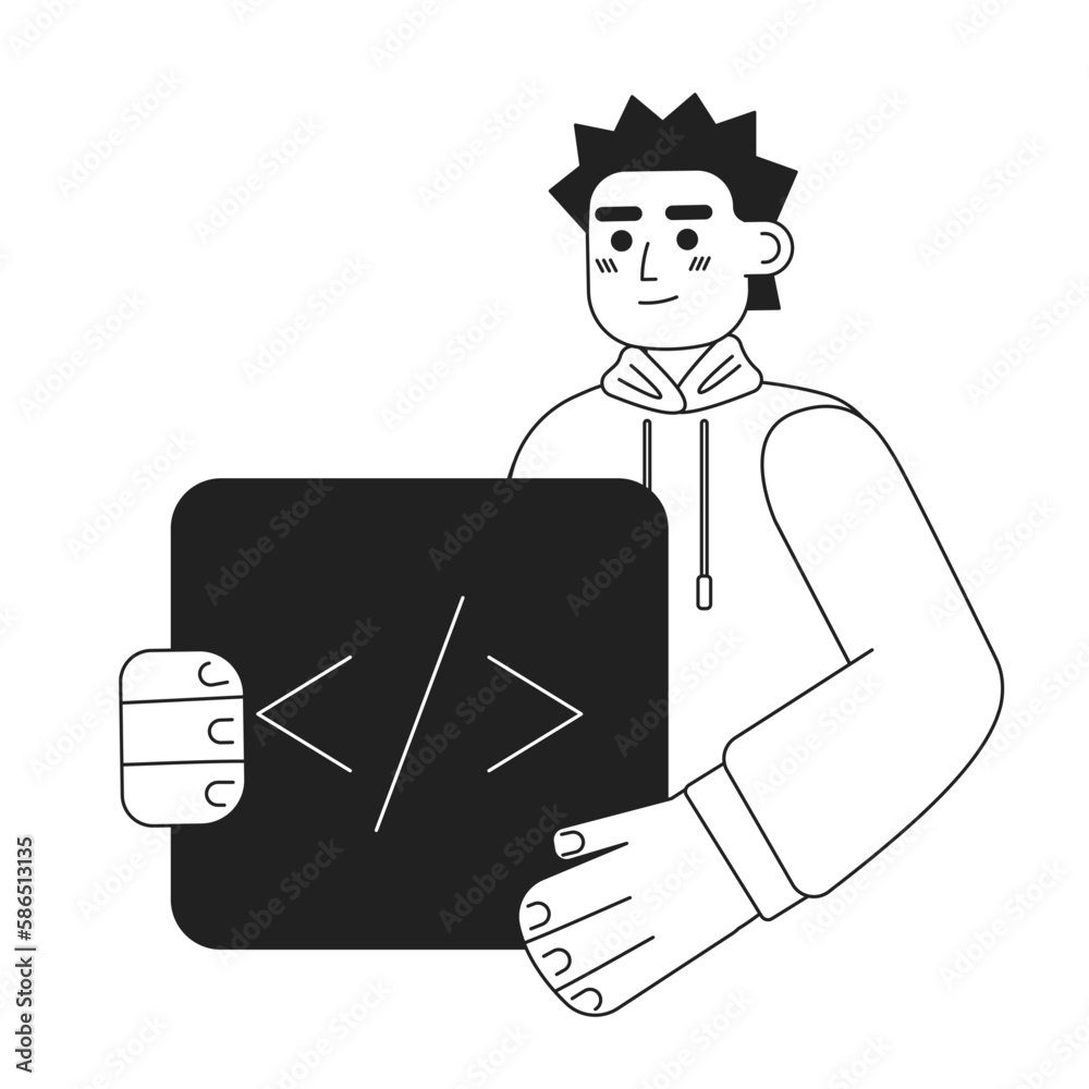 Poster computer coder job black and white concept vector spot illustration. editable 2d flat monochrome car