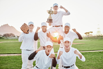 Baseball team, trophy win portrait and men with award from teamwork, game and fitness. Winner,...