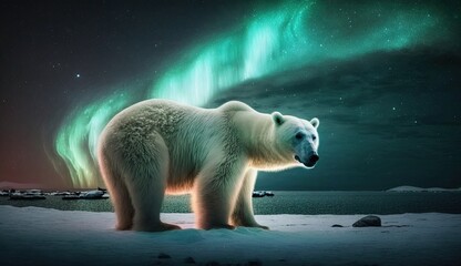 a polar bear underneath the northern lights. Generative AI.