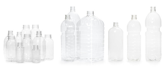 selection of quality photo collage of many different empty plastic bottles isolated on white background. production of new containers
