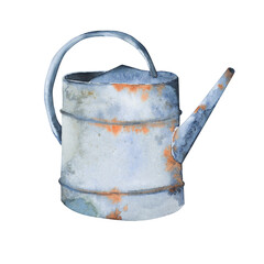 garden retro watering can, metal, blue, grey, rusty, old, gardening Tools. hand drawn in watercolor on a white background. For printing on paper, for labels, packaging, fabric. Country style © Mariia