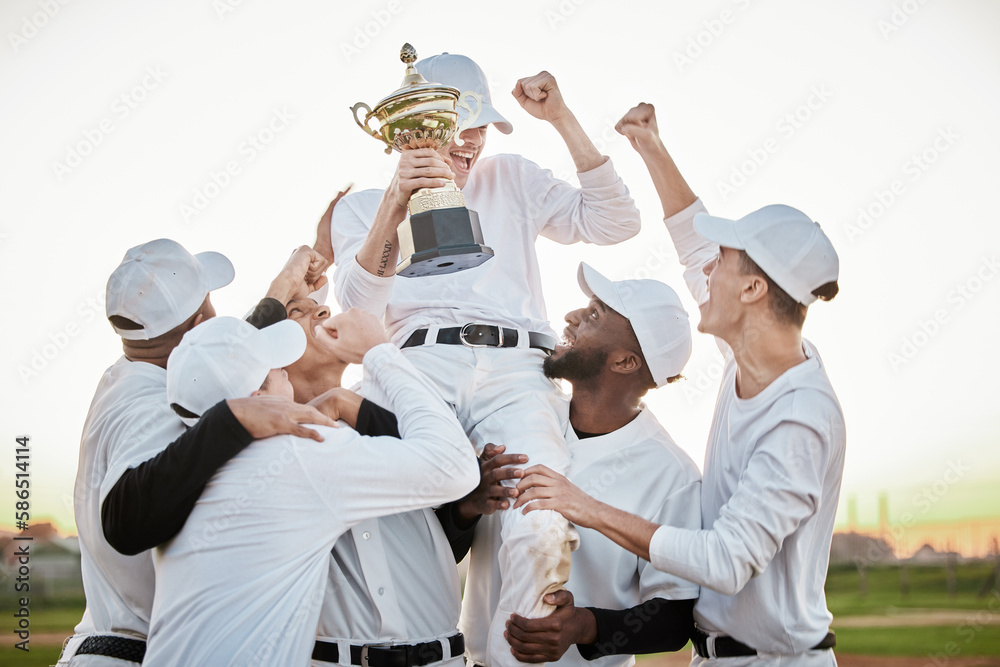 Poster Baseball player, trophy and men winning competition, game or sports goals, success and victory award. Happy group of people or winner celebration, fist pump and achievement congratulations together