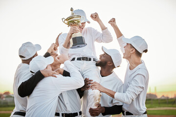 Baseball player, trophy and men winning competition, game or sports goals, success and victory...