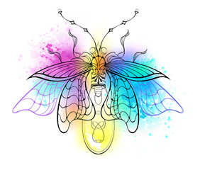 Fototapeta premium Contour firefly on watercolor background with grunge