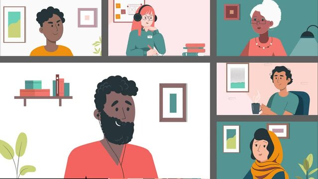 Online group conference video call of six diverse people. Distance education,learning concept. Coronavirus, social distancing. 2d flat animation.