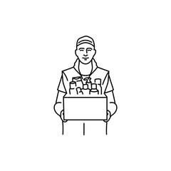 Courier with cardboard box with cosmetics black line icon. Pictogram for web page
