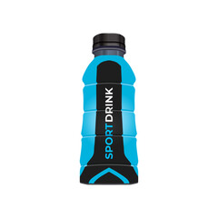 Realistic sport drink bottle in blue and black color packaging, vector illustration in trendy flat 3d design style. Popular world sport drink with blue raspberry. Editable graphic resources.