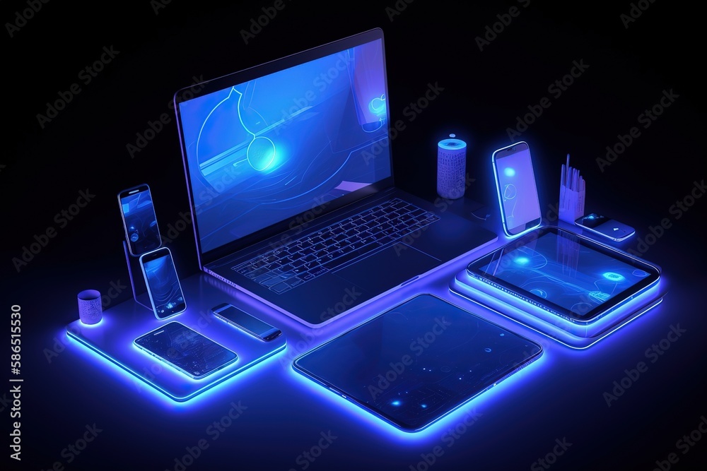 Poster a computer network consisting of a laptop, phone, tablet on the table.futuristic, modern illustratio
