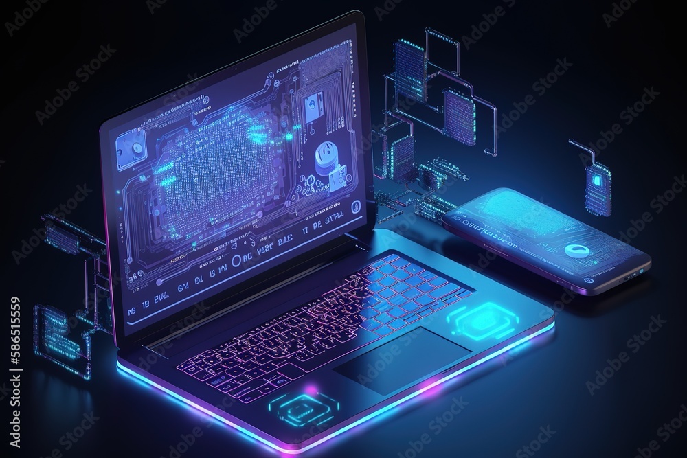 Poster a computer network consisting of a laptop, phone, tablet on the table.futuristic, modern illustratio