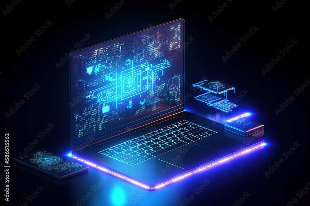 Poster a computer network consisting of a laptop, phone, tablet on the table.futuristic, modern illustratio