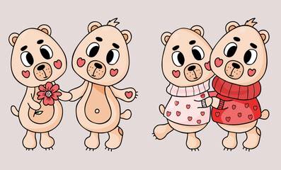 Cute bears enamored. Couple teddy bears hugging in romantic clothes and pair animals with flower. Vector illustration. Isolated romantic funny characters bears.