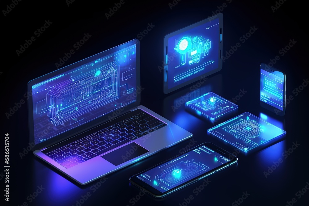 Poster a computer network consisting of a laptop, phone, tablet on the table.futuristic, modern illustratio