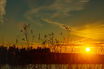 Beautiful sunset on river Kymijoki at autumn, Finland.
