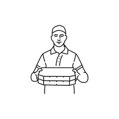 Courier with pizza black line icon. Pictogram for web page