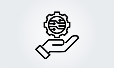 Technology digital transformation, system information. hand, Gear Cog Wheel industry logo design, vector icon illustration isolated
