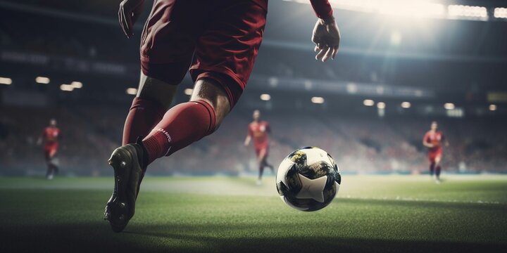a soccer player kicking a soccer ball inside a stadium, Generative IA