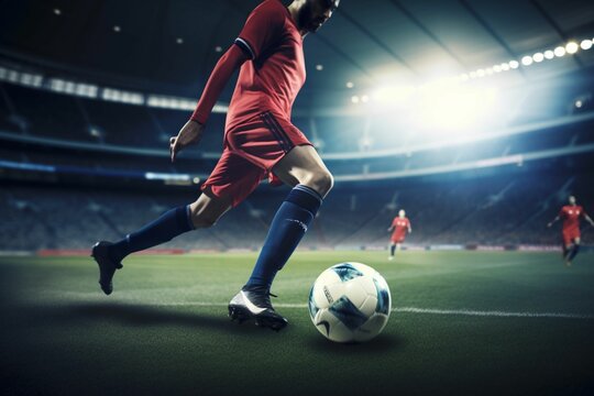 a soccer player kicking a soccer ball inside a stadium, Generative IA