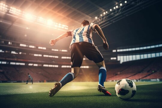 a soccer player kicking a soccer ball inside a stadium, Generative IA