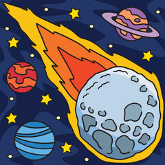 Falling Asteroid Colored Cartoon Illustration