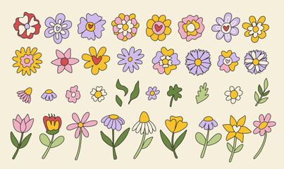 Set of retro groovy hippie flowers. Collection of different flowers in a hippie style.