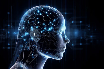 Neural network of big data and artificial intelligence circuit board in the head of a blue human female outlining concepts of a digital brain, computer Generative AI stock illustration image