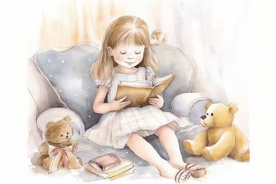 Little girl reading a picture book to her teddy bear friend, which is a cute adorable child watercolour painting sketch outlining  the concept of education, computer Generative AI stock illustration