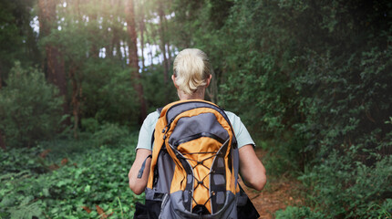 Travel, forest and woman rear on hiking journey, jungle adventure or nature wellness and outdoor explore. Fitness, walking and hiker person in backpack trekking, tropical woods path and cardio health