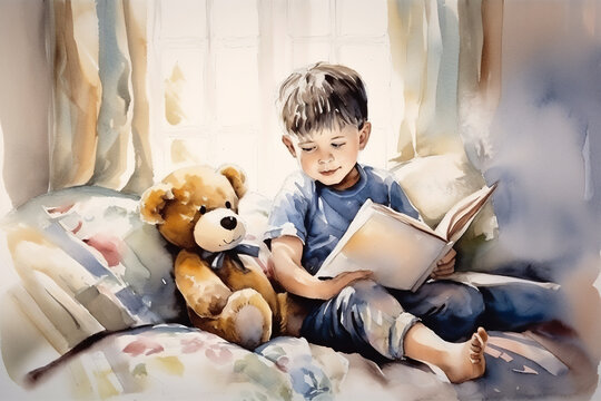 Little boy reading a picture book to his teddy bear friend, which is a cute adorable child watercolour painting sketch outlining the concept of education, computer Generative AI stock illustration