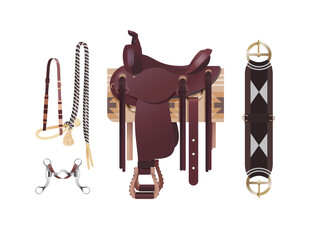 Western horse harness, dark brown cowboy saddle with blanket, cinch, bosal bridle and curb bit - 586517507