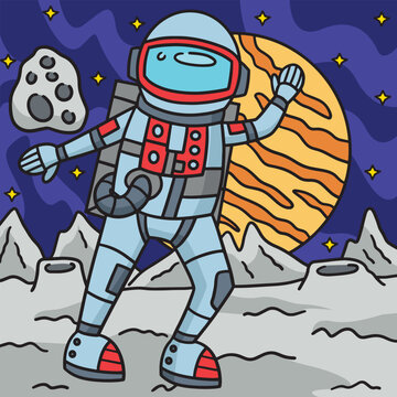 Astronaut In Space Colored Cartoon Illustration
