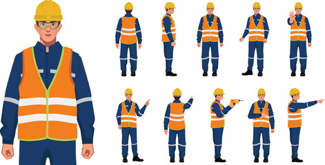 set of industrial worker on blue uniform characters in white background