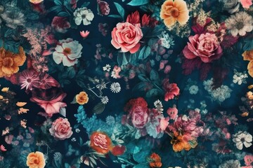 vibrant bouquet of assorted flowers on a blue background. Generative AI