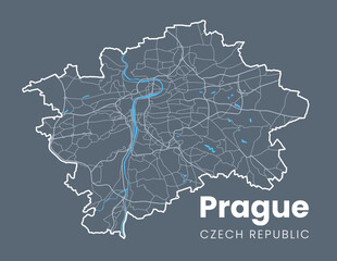 Detailed map of Prague - the capital of Czech Republic - Urban borders map. Light stroke version on dark background of Praha City poster with streets and Vltava River.