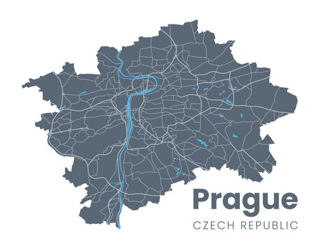 Detailed map of Prague - the capital of Czech Republic - Urban borders map. Dark fill version of Praha City poster with streets and Vltava River.