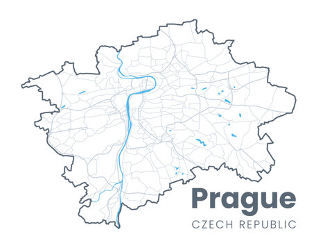 Detailed map of Prague - the capital of Czech Republic - Urban borders map. Light stroke version of Praha City poster with streets and Vltava River.