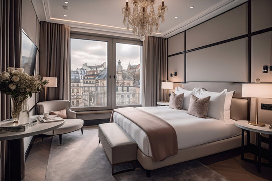 A Luxurious 5-star Hotel Room in Europe with High-Quality Furnishings and a View of the City, Generative AI