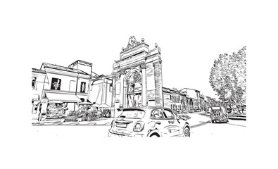 Building view with landmark of 
Port of Ravenna is the seaport in Italy.  Hand drawn sketch illustration in vector.